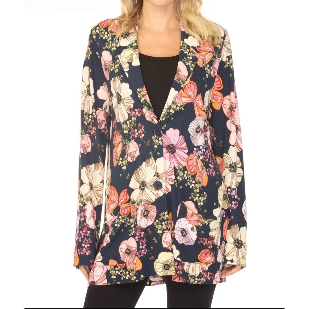 Jade Johnny Was Dalaney Easy Jacket Navy Floral Print Blazer Womens Small